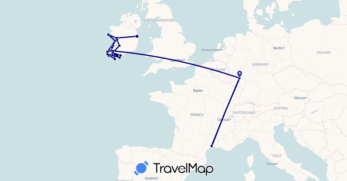 TravelMap itinerary: driving in Germany, France, Ireland (Europe)