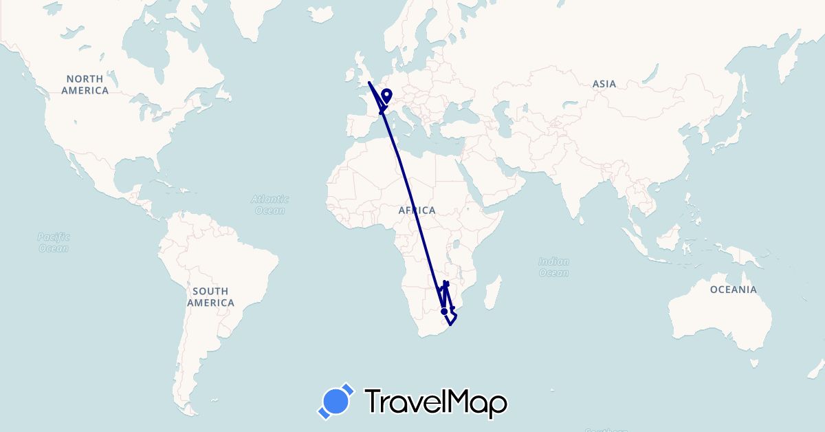 TravelMap itinerary: driving in France, United Kingdom, Swaziland, South Africa, Zambia, Zimbabwe (Africa, Europe)